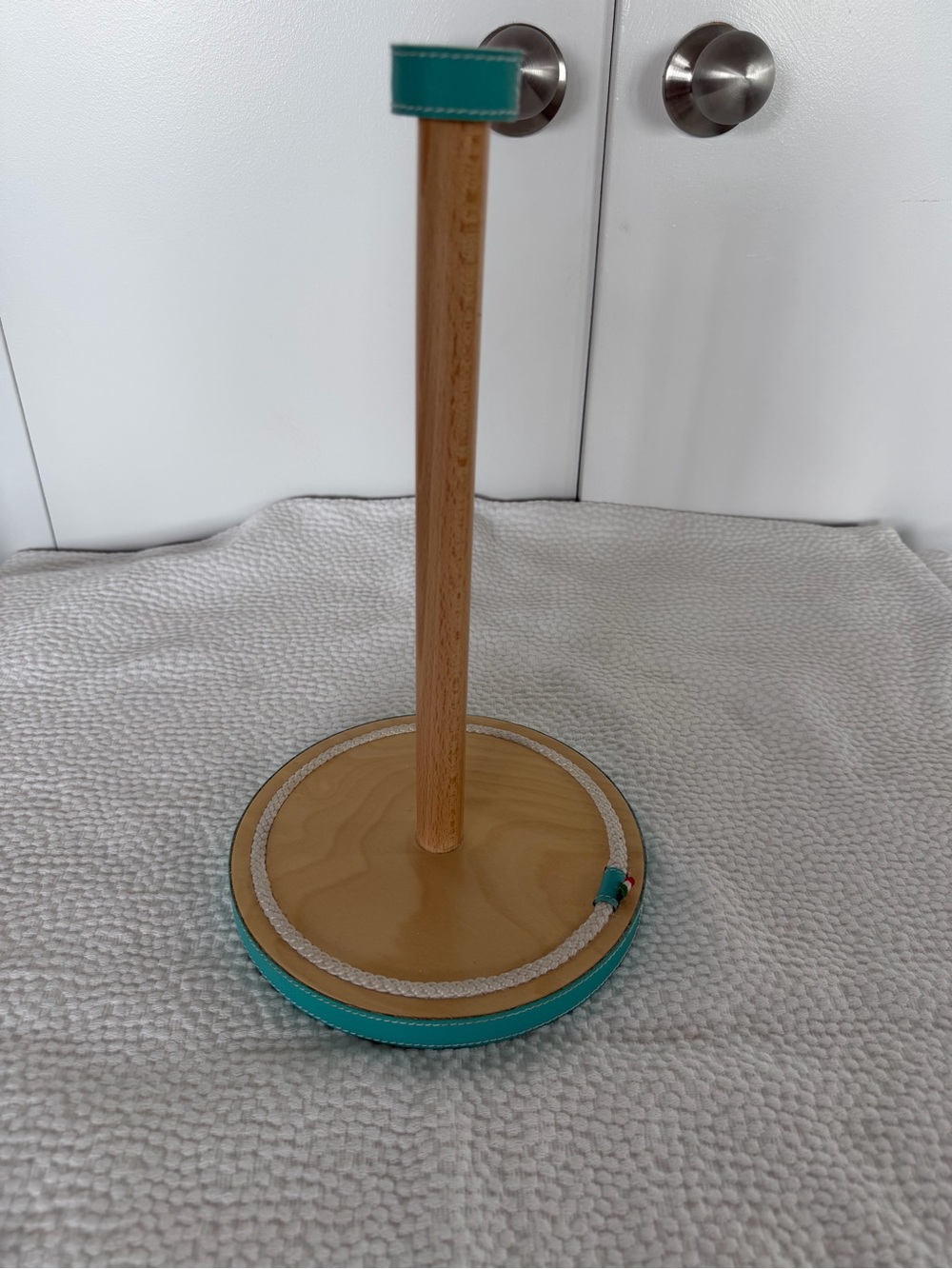 Luxorious Italian Wood and Teal Leather Paper Towel Holder - Modern Home Accent